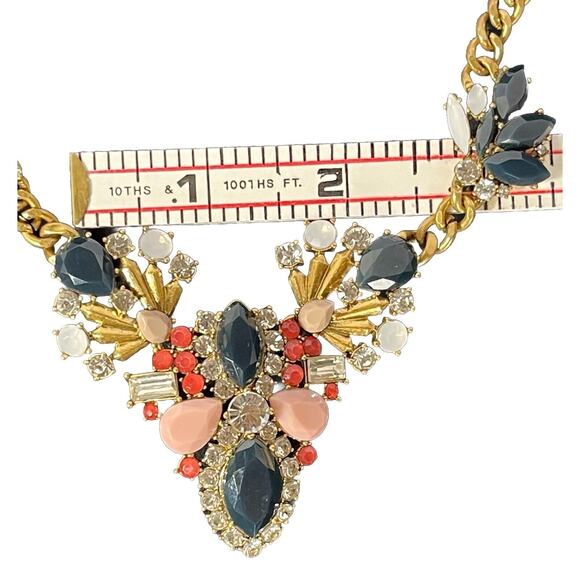 Vintage J Crew Necklace Statement Bib Black Pink Rhinestone Gold Tone Chain - Picture 12 of 14